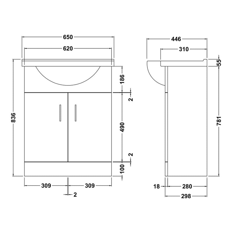Nuie Mayford 650 x 300mm Floor Standing Vanity Unit With 2 Doors & Ceramic Basin - White Gloss