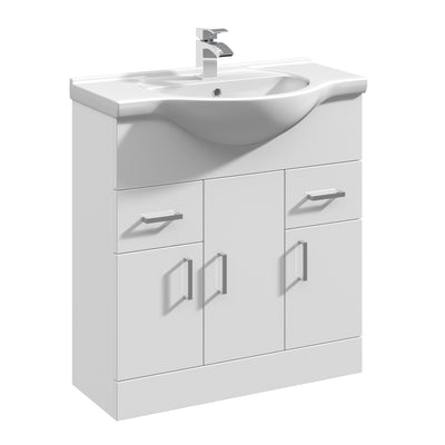 Nuie Mayford 750 x 330mm Floor Standing Vanity Unit With 3 Doors, 2 Drawers & Ceramic Basin - White Gloss