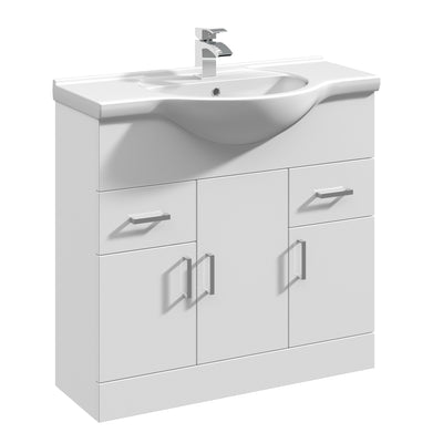 Nuie Mayford 850 x 330mm Floor Standing Vanity Unit With 3 Doors, 2 Drawers & Ceramic Basin - White Gloss