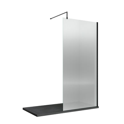 Nuie Fluted 8mm Wetroom Screen & Support Bar (1850mm High) - Satin Black