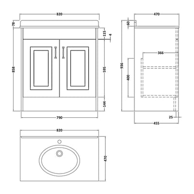 800mm Floor Standing Vanity Unit With Black Marble Top - Royal Grey